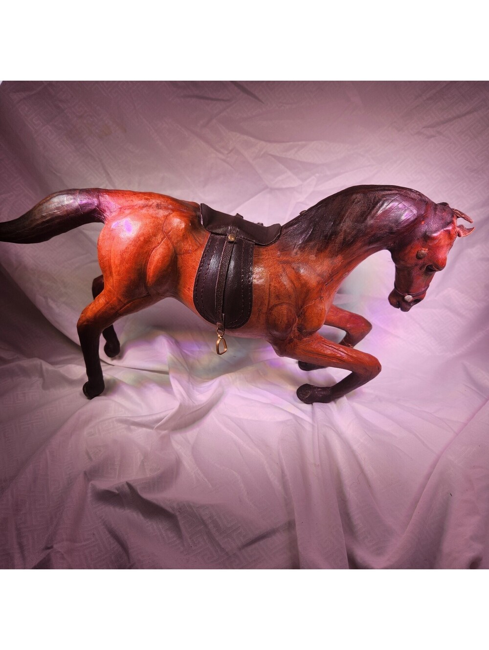 Vintage Leather Wrapped Horse Figurine 12" Tall Equestrian Leather And Wood
